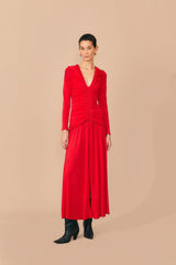 Farm Rio - Red v Neckline Long Sleeve Midi Dress