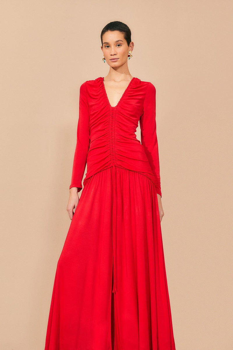 Farm Rio - Red v Neckline Long Sleeve Midi Dress