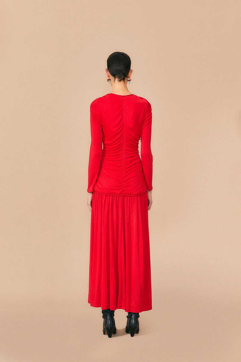 Farm Rio - Red v Neckline Long Sleeve Midi Dress