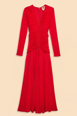 Farm Rio - Red v Neckline Long Sleeve Midi Dress