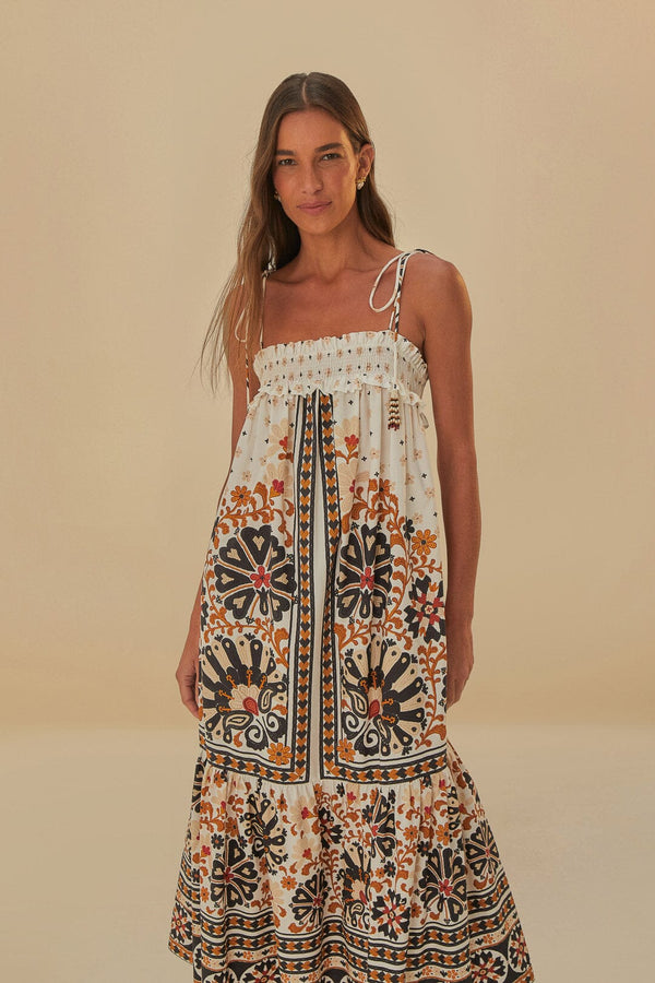 Farm Rio - Flower Fan Tapestry Off-white Midi Dress - Small