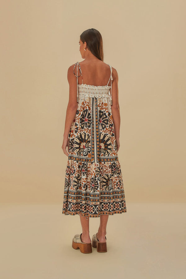 Farm Rio - Flower Fan Tapestry Off-white Midi Dress - Small