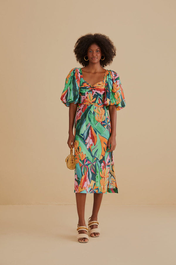 Farm Rio - Multicolor Banana Foliage Puff Sleeve Midi Dress