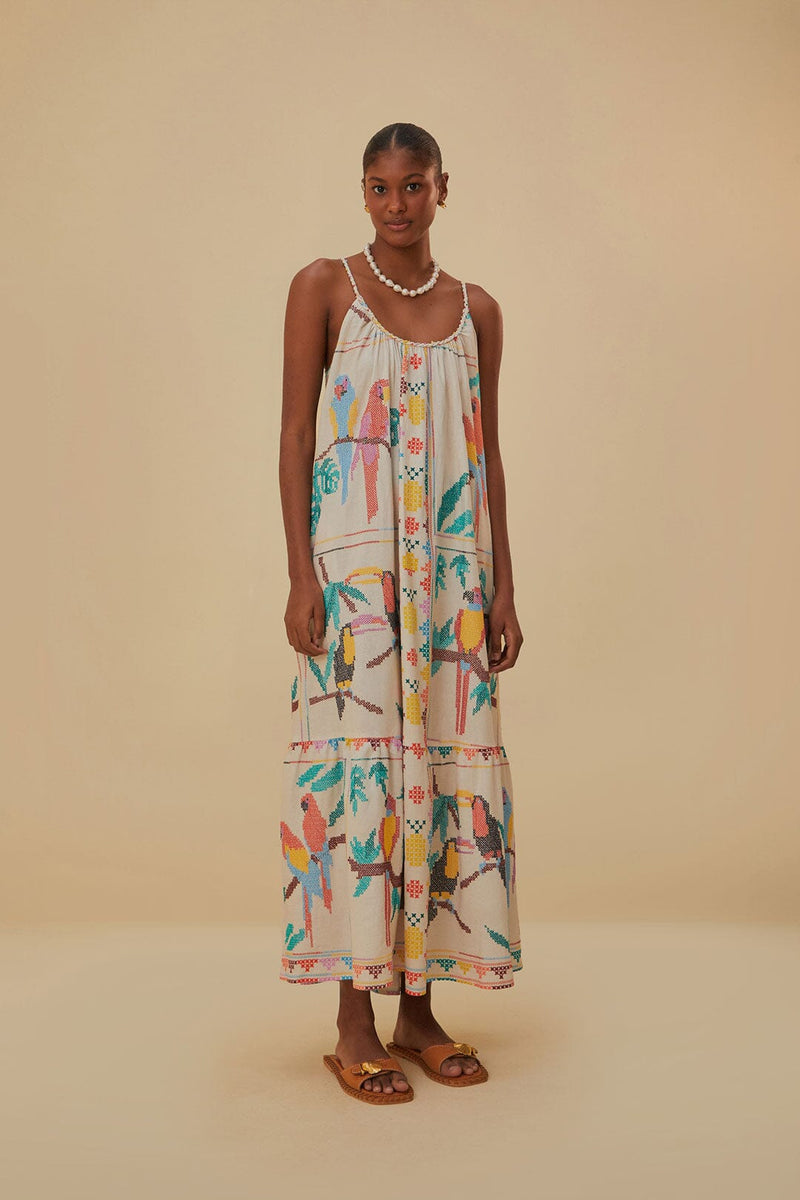 Farm Rio - Stitched Birds Scarf Maxi Dress - Small