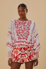 Farm Rio - Off-white and Red Embroidered Long Sleeve Blouse