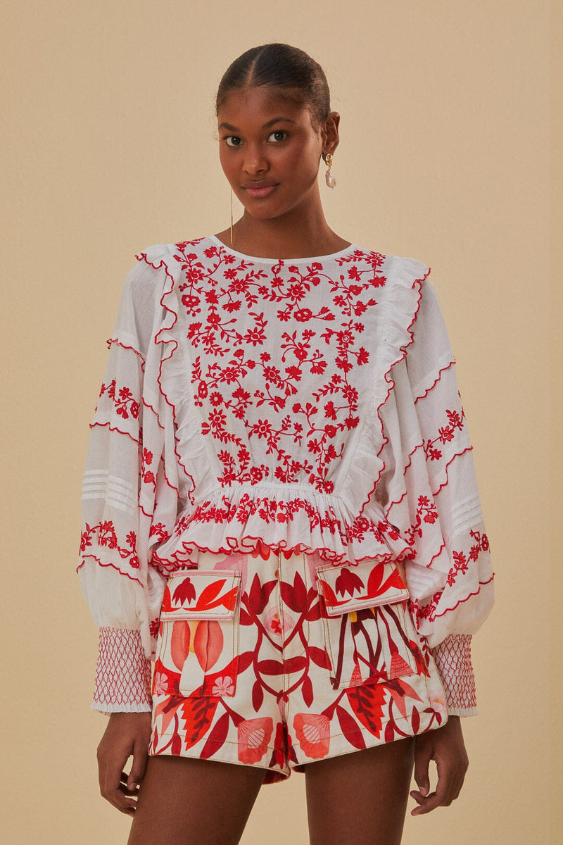 Farm Rio - Off-white and Red Embroidered Long Sleeve Blouse