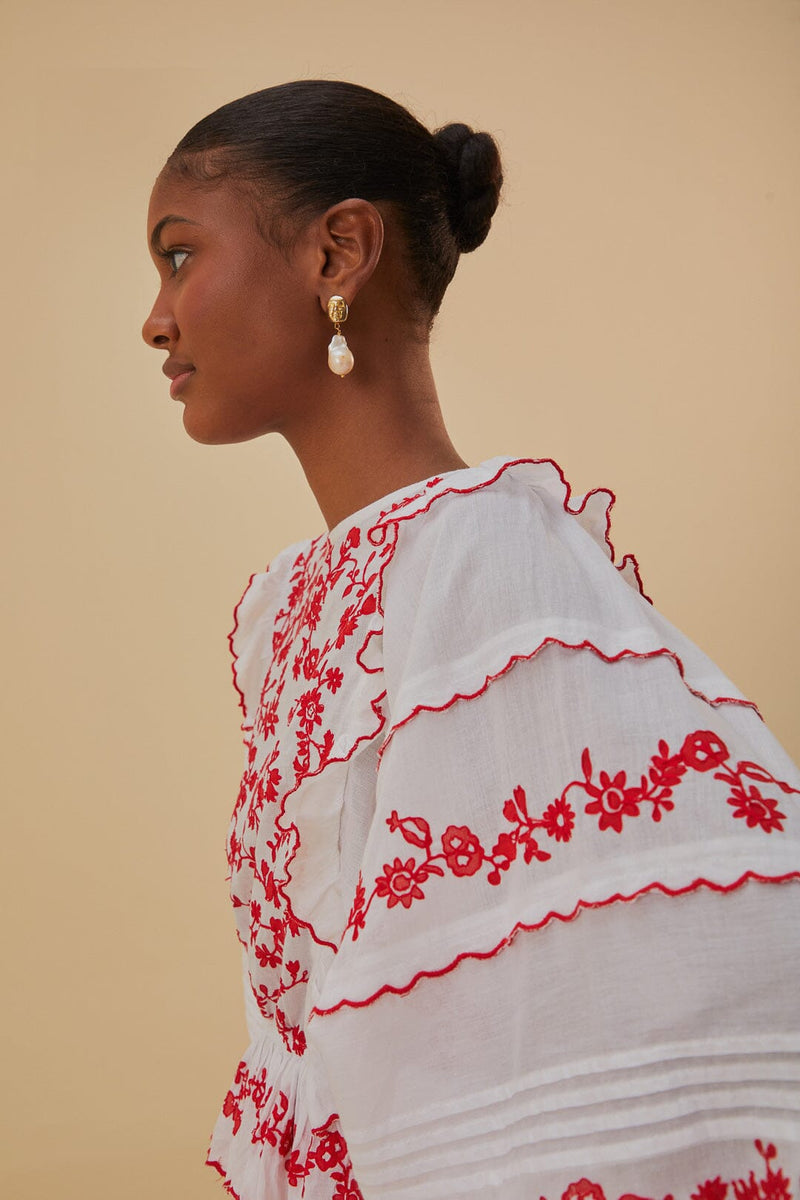 Farm Rio - Off-white and Red Embroidered Long Sleeve Blouse