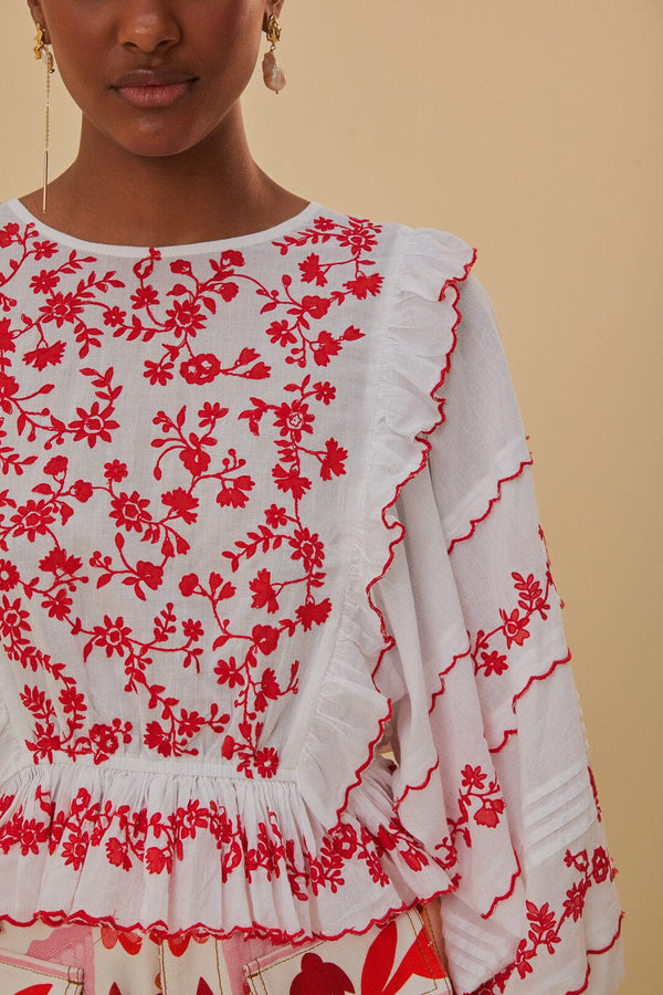 Farm Rio - Off-white and Red Embroidered Long Sleeve Blouse