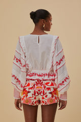 Farm Rio - Off-white and Red Embroidered Long Sleeve Blouse