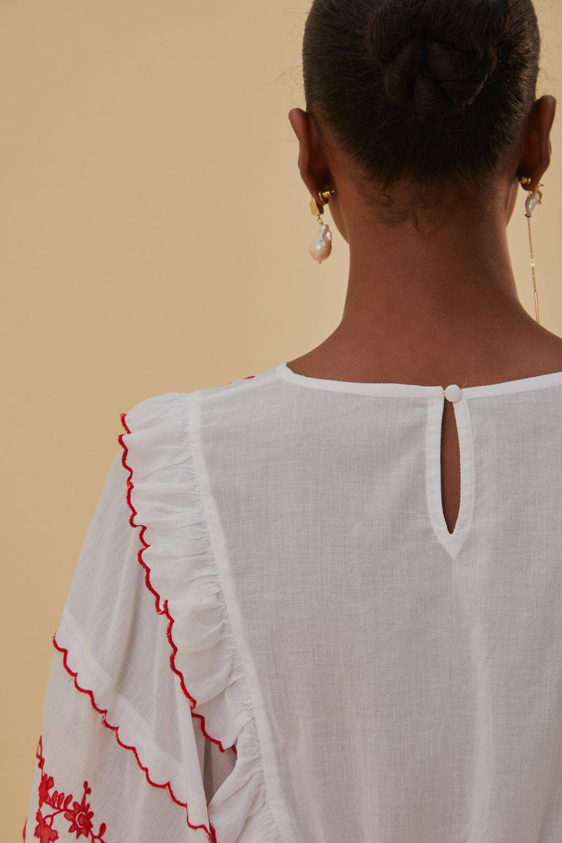 Farm Rio - Off-white and Red Embroidered Long Sleeve Blouse