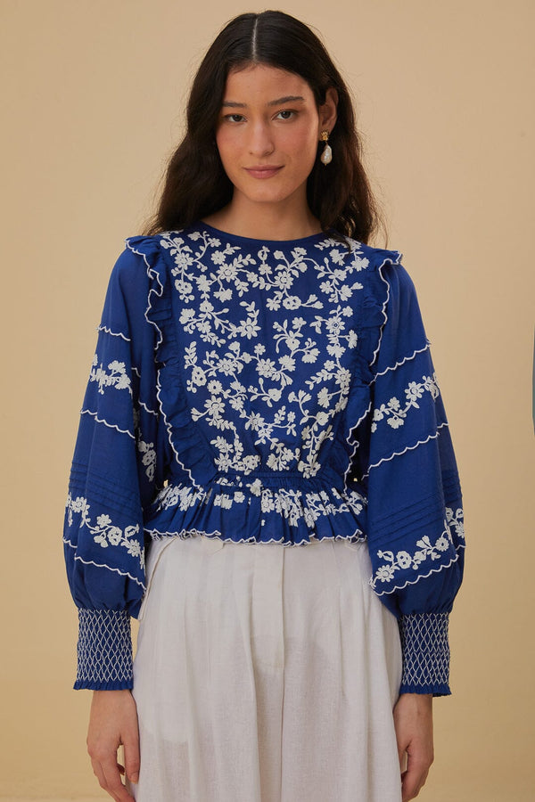 Farm Rio - Navy Blue Embroidered Long Sleeve Blouse - Small