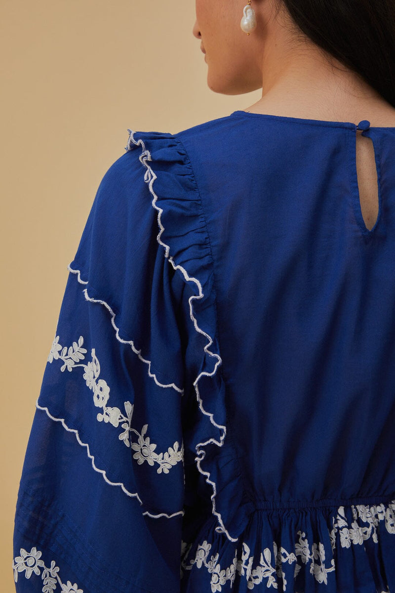 Farm Rio - Navy Blue Embroidered Long Sleeve Blouse - Small