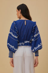 Farm Rio - Navy Blue Embroidered Long Sleeve Blouse - Small