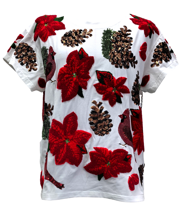 Queen of Sparkles - Tee - White Poinsettia & Pine Cone