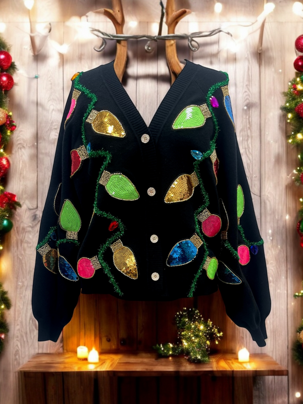 Queen of Sparkles - Cardigan - Black Multi Christmas Light